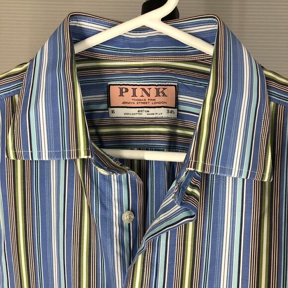 Pink THOMAS PINK Striped Button Down Shirt Blue Yellow White Green Sz 16 / 34.5 - Picture 9 of 10